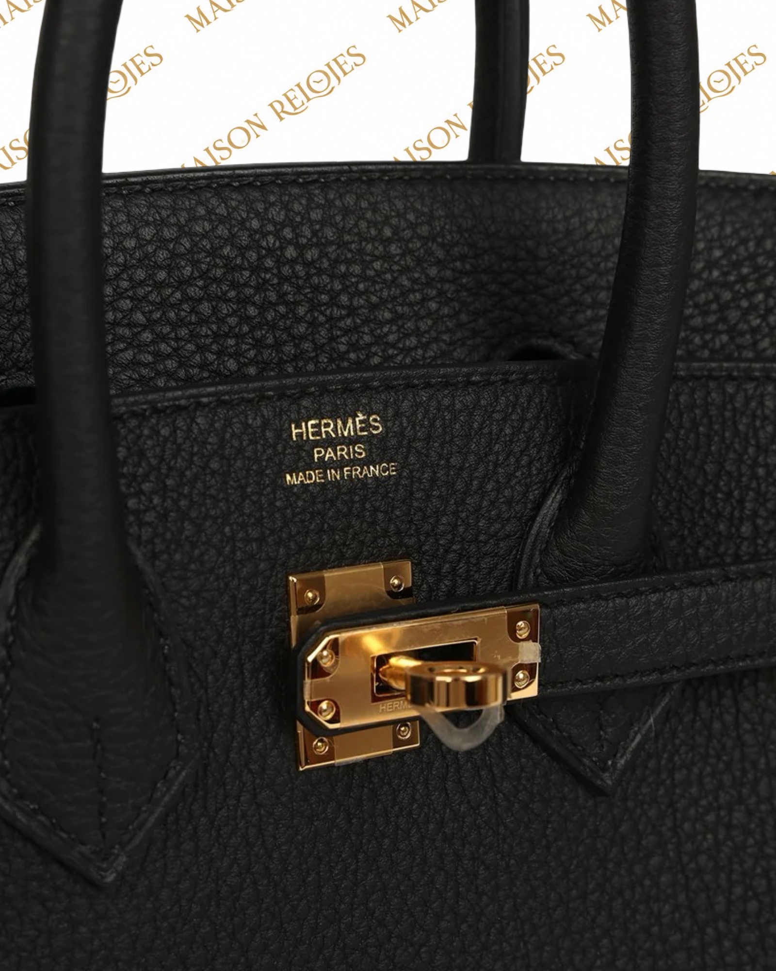 Hermès Birkin 25 Black en piel Togo con herrajes Dorados (GHW): detalle del sello Hermès y cierre