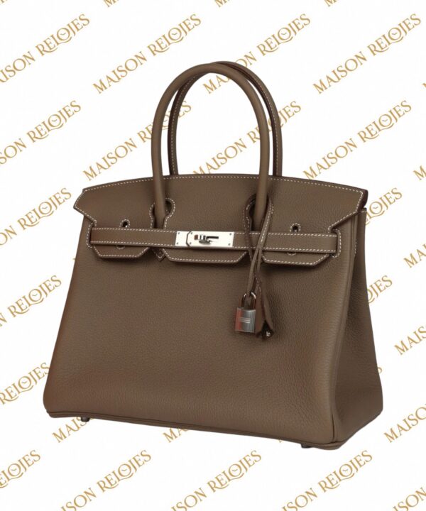 Hermès Birkin 25 Étoupe en piel Togo con herrajes Paladio (PHW): vista en tres cuartos derecha