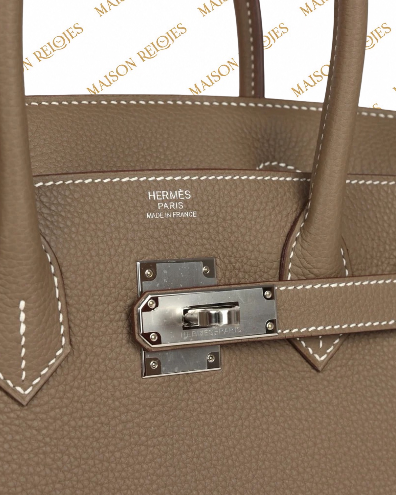Hermès Birkin 25 Étoupe en piel Togo con herrajes Paladio (PHW): detalle del sello Hermès y cierre