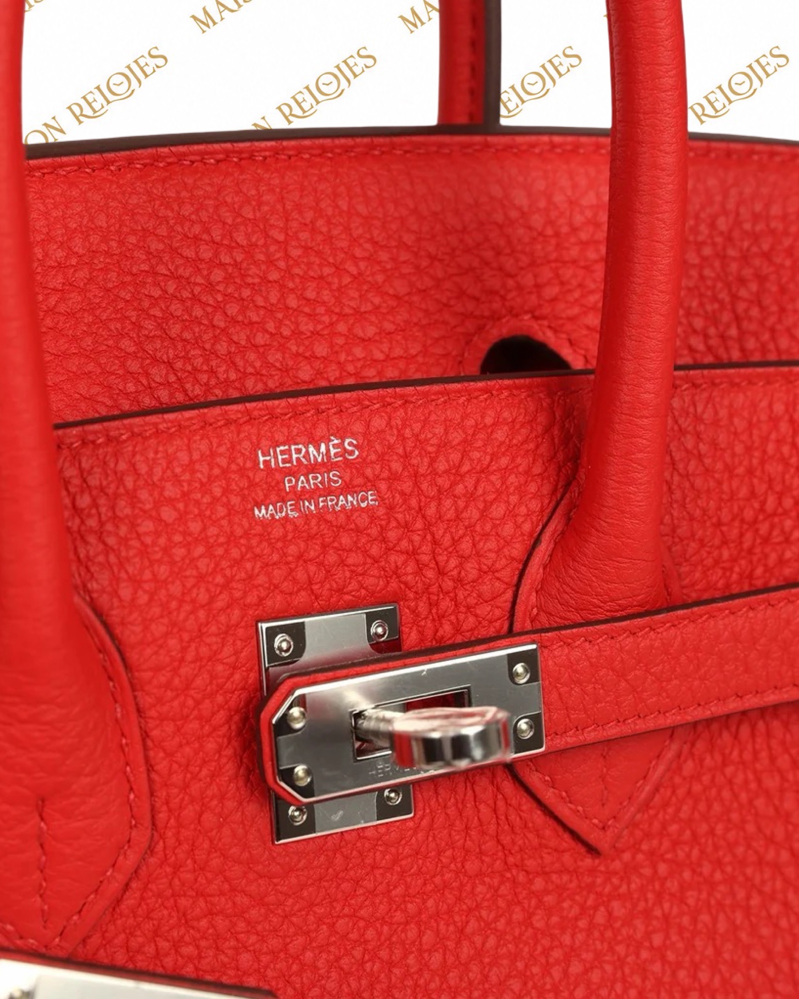 Hermès Birkin 25 Rouge Pivoine en piel Togo con herrajes Palladium: detalle del sello Hermès y cierre