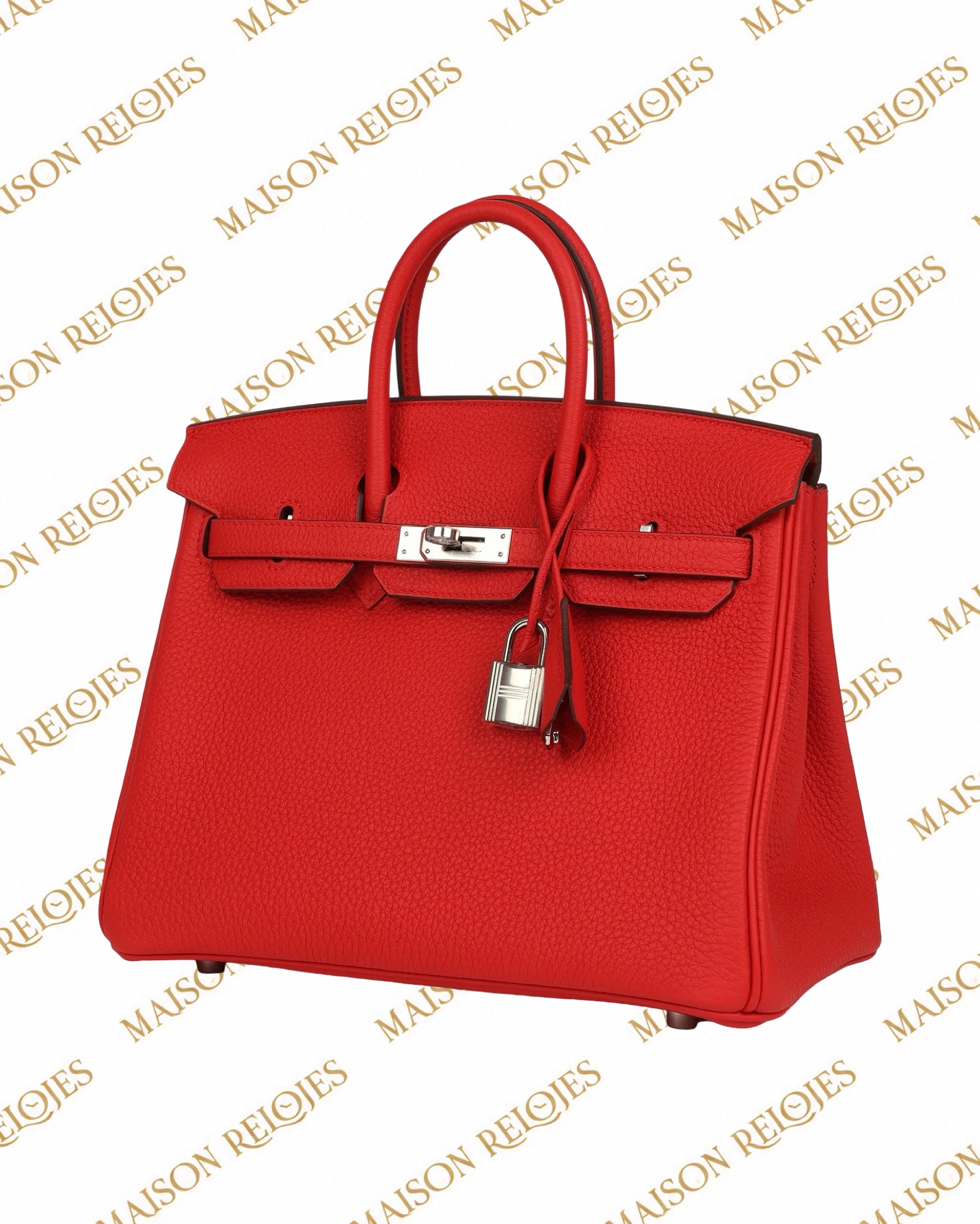 Hermès Birkin 25 Rouge Pivoine en piel Togo con herrajes Palladium: vista en tres cuartos derecha