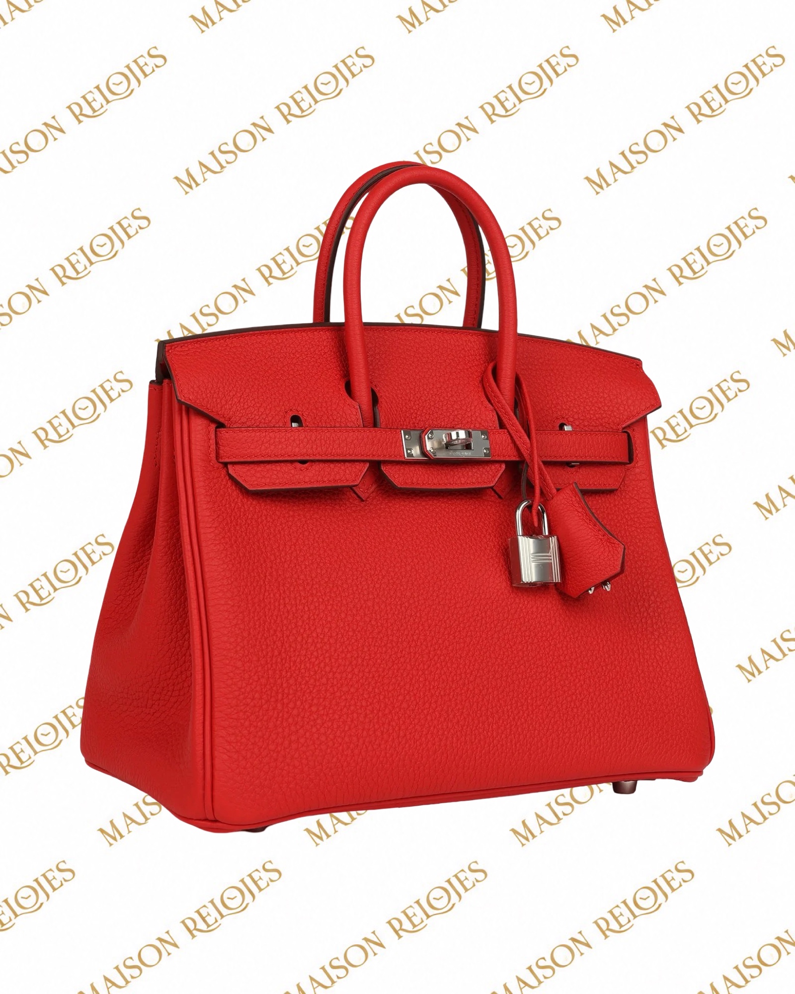 Hermès Birkin 25 Rouge Pivoine en piel Togo con herrajes Palladium: vista en tres cuartos izquierda