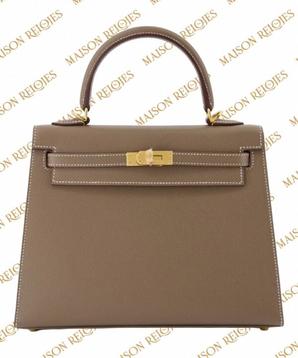 Hermès Kelly 25 Sellier · Étoupe · Epsom · GHW — vista frontal