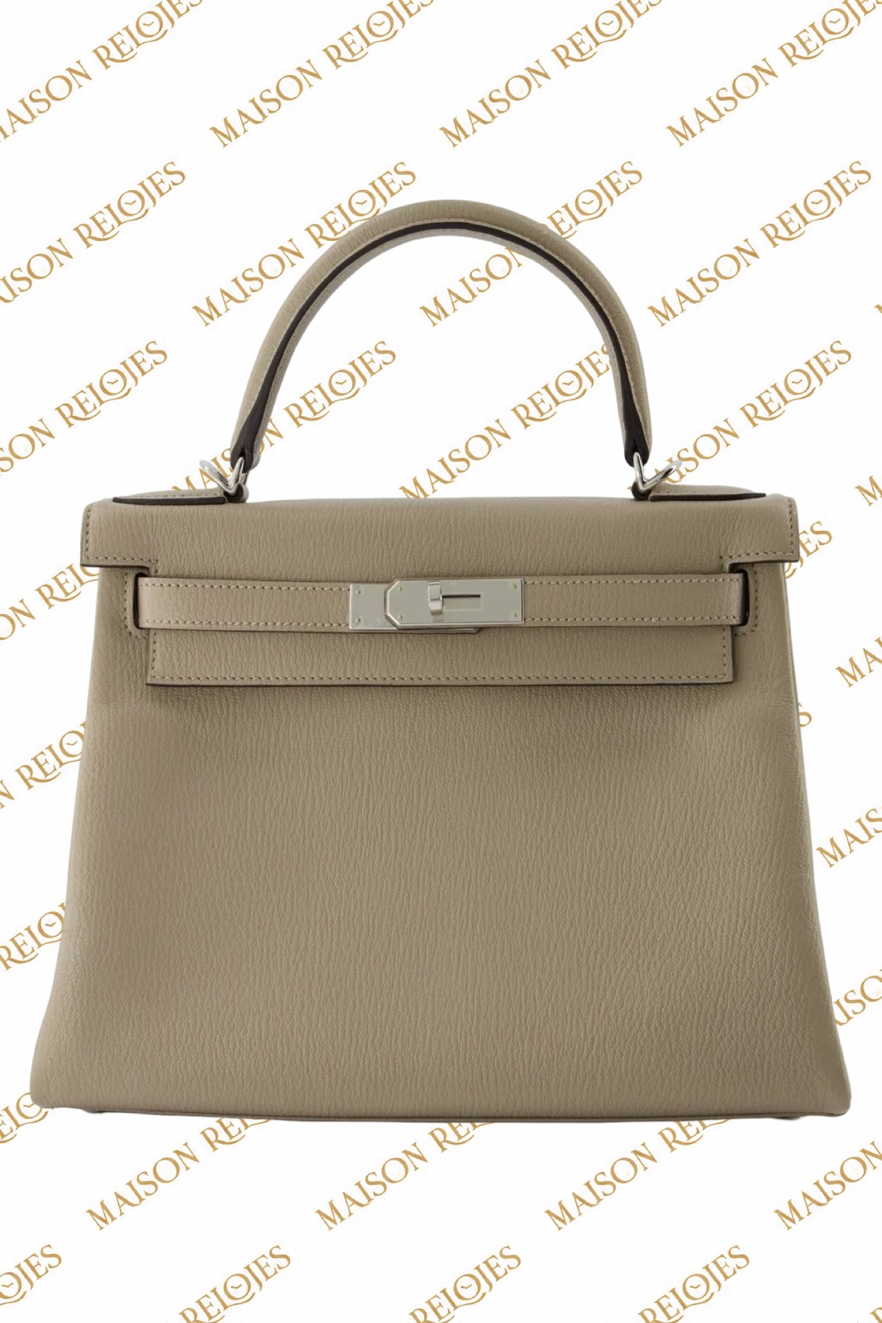 Hermès Kelly 28 · Gris Tourterelle · Chèvre Mysore · PHW · Special Order — vista frontal
