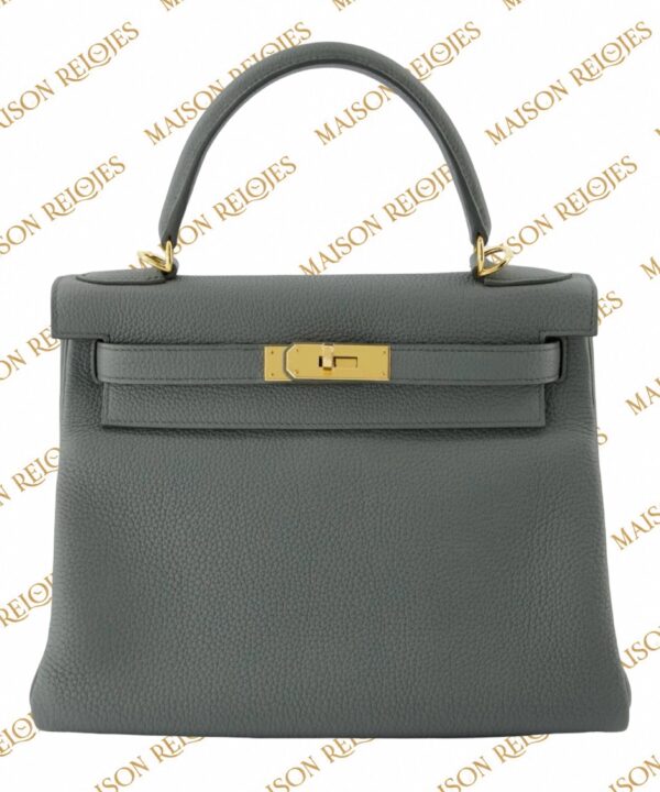 Hermès Kelly 28 · Vert Amande · Togo · GHW — vista frontal